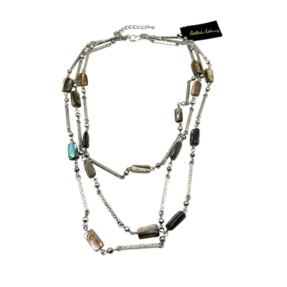 Abalone 3-Strand Layered Necklace Silver Tone Boho Mermaidcore Earthy Beachy VTG